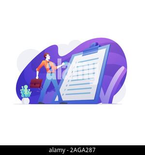 Positive businessman reading business rules and policies with coffee and briefcase in hand. business rule, business ethics, main company policy. Stock Vector