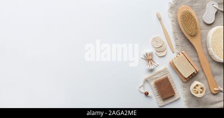 Handmade cosmetics and eco accessories on white Stock Photo