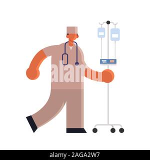 male doctor anesthesiologist in uniform holding dropper medicine healthcare concept hospital medical clinic worker with stethoscope full length white background flat vector illustration Stock Vector