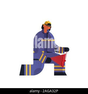 brave fireman using red buckets extinguishing fire firefighter wearing uniform and helmet firefighting emergency service concept flat white background full length vector illustration Stock Vector