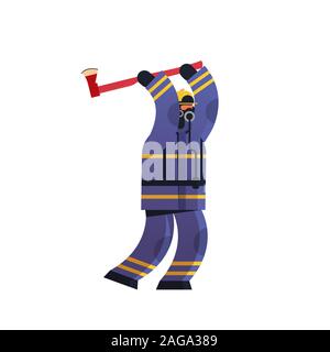 brave fireman using axe firefighter wearing uniform and helmet firefighting emergency service extinguishing fire concept flat white background full length vector illustration Stock Vector
