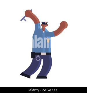 police officer using stick african american policeman in uniform holding baton security authority justice law service concept flat full length vector illustration Stock Vector