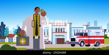 male doctor in white coat with first aid kit talking on mobile phone medicine healthcare concept medical clinic worker with stethoscope modern hospital building exterior portrait horizontal vector illustration Stock Vector