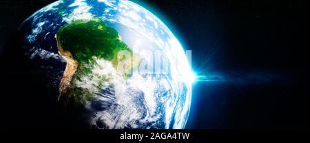 Fresh green rainorests in south america viewed from the space. 3D illustration. Stock Photo