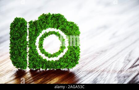 Ecology tourism concept. 3D illustration of a green camera with a blurred wood background. Stock Photo