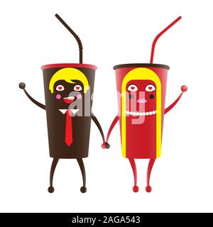 Paper cups characters a man and a woman holding hands on a white isolated background. Vector image Stock Vector