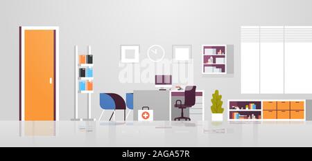 modern doctor cabinet with furniture empty no people hospital office room interior flat horizontal vector illustration Stock Vector