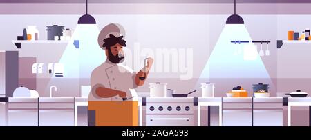 male professional chef cook preparing and tasting dishes african american man in uniform near stove cooking food concept modern restaurant kitchen interior flat portrait horizontal vector illustration Stock Vector
