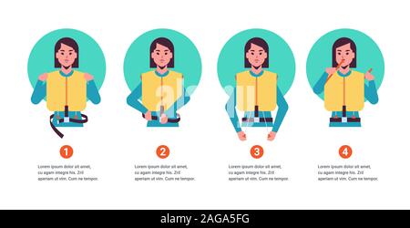 set guidance from the stewardess flight attendant woman explaining safety instructions with life vest step by step demonstration how to behave in emergency situation portrait horizontal copy space vector illustration Stock Vector