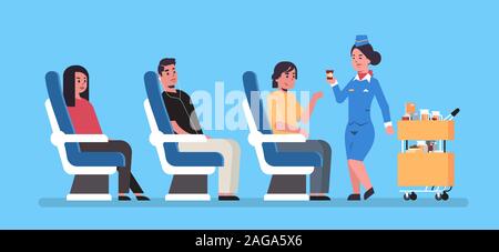 flight attendant serving drinks to airplane board passengers sitting in armchairs stewardess in uniform pushing trolley cart professional service travel concept full length horizontal flat vector illustration Stock Vector