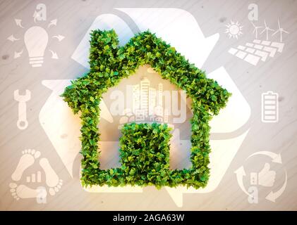 Sustainable living - 3d illustration with ecology icons on brown wooden background. Stock Photo