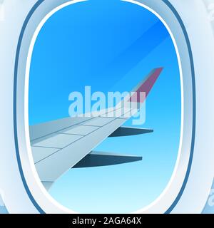 airplane window opened porthole view into open space sky with wing travel tourism air transportation concept flat vector illustration Stock Vector