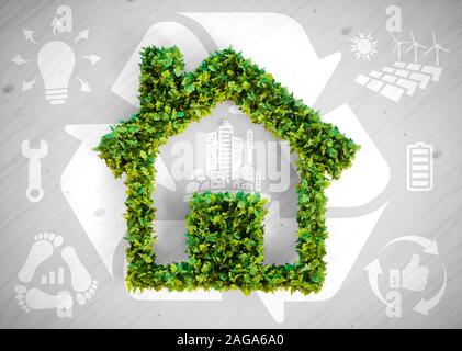 Sustainable living - 3d illustration with ecology icons on grey wooden background. Stock Photo