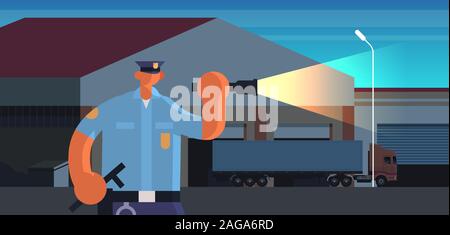 police officer using flashlight policeman in uniform security authority justice law service concept night warehouse building exterior flat portrait horizontal vector illustration Stock Vector