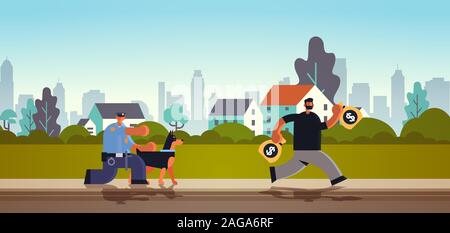 police officer with german shepherd pursuing burglar criminal running away from policeman with dog security authority justice law service concept flat full length horizontal vector illustration Stock Vector