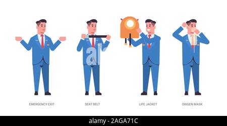 set guidance from steward explaining instructions with life vest seat belt emergency exit and oxygen mask male flight attendant in uniform safety demonstration concept horizontal full length vector illustration Stock Vector