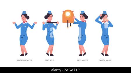 set guidance from stewardess explaining instructions with life vest seat belt emergency exit and oxygen mask flight attendant in uniform safety demonstration concept horizontal full length vector illustration Stock Vector