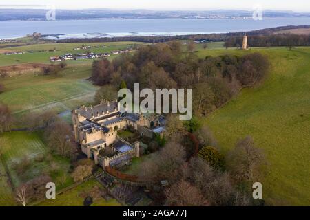 Aerial view The House of Binns and Binns Tower, West Lothian, home of the Dalyell family,  owned by National Trust for Scotland. Scotland, UK. Stock Photo