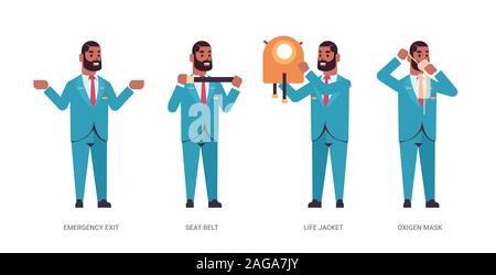 set steward explaining instructions with life vest seat belt emergency exit and oxygen mask african american flight attendant in uniform safety demonstration concept horizontal full length vector illustration Stock Vector