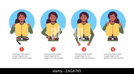 set guidance from stewardess african american flight attendant explaining instructions with life vest in emergency situation step by step safety demonstration concept portrait horizontal copy space vector illustration Stock Vector