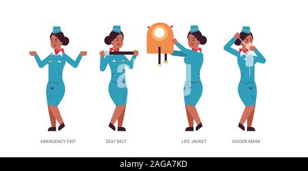 set stewardess explaining instructions with life vest seat belt emergency exit and oxygen mask african american flight attendant in uniform safety demonstration concept horizontal full length vector illustration Stock Vector