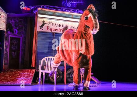 Southbank Centre, London, 18h Dec 2019. Hamish the horse gallops around the stage.  'Black Beauty', a vibrant re-telling of the much loved tale of a brave horse, sees its London premiere. Blending vivid storytelling, joyful music and inventive puppetry, the tale is reinvented for a new generation this winter. Presented by Red Bridge and Traverse Theatre Company, Black Beauty runs at Southbank Centre’s Purcell Room until 5th Jan 2020. Credit: Imageplotter/Alamy Live News Stock Photo