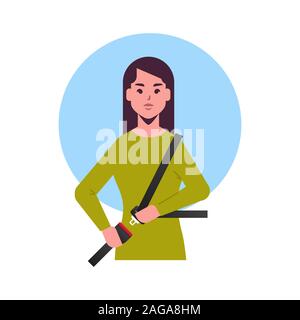 young woman driver or passenger sitting in car girl fastening seat belt before driving lifesaver safe trip safety first concept flat portrait vector illustration Stock Vector