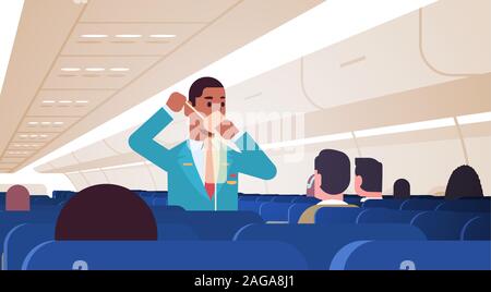 steward explaining for passengers how to use oxygen mask in emergency situation african american male flight attendant safety demonstration concept modern airplane board interior horizontal vector illustration Stock Vector