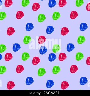 Watercolor drawing round balls pattern. Seamless textures with red, green, blue balls on a yellow background. Hand drawn abstract wrapping paper. Stock Photo