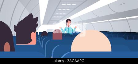 stewardess explaining instructions for passengers female flight attendant in uniform showing emergency exits safety demonstration concept airplane board interior horizontal vector illustration Stock Vector