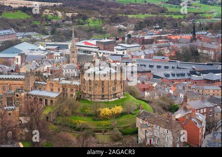 View of Durham Castle and part of Durham city from the tower of  Durham Cathedral. Stock Photo