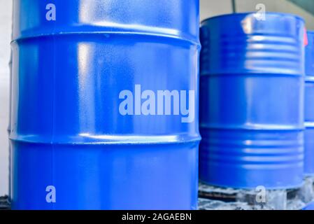 Blue Oil Barrels or Steel Chemical Drums Stock Photo