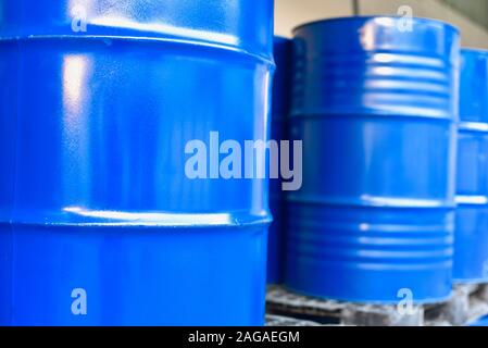 Blue Oil Barrels or Steel Chemical Drums for Petrochemical Business Stock Photo