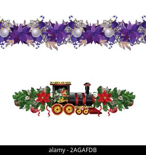 Little Christmas train seamless pattern decorated red ribbon Vector Stock Vector