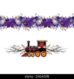 Little Christmas train seamless pattern decorated red ribbon Vector Stock Vector