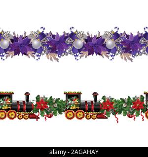 Little Christmas train seamless pattern decorated red ribbon Vector Stock Vector
