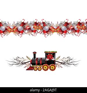 Little Christmas train seamless pattern decorated red ribbon Vector Stock Vector