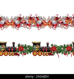 Little Christmas train seamless pattern decorated red ribbon Vector Stock Vector