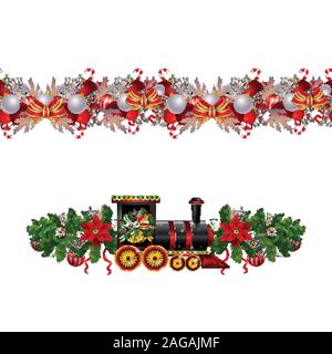 Little Christmas train seamless pattern decorated red ribbon Vector Stock Vector