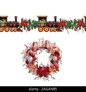 Little Christmas train seamless pattern decorated red ribbon Vector Stock Vector