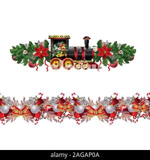 Little Christmas train seamless pattern decorated red ribbon Vector Stock Vector