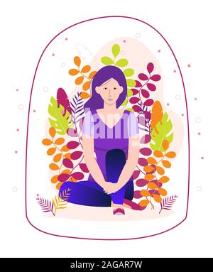 Introvert is sitting and immersed in his inner spiritual world on a floral background. Transparent dome is metaphor. Introverted girl character in Stock Vector