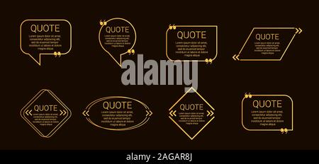 Set of quote box vector isolated on black background. Templates speech bubbles with space for text in a flat style. Golden colored quote blocks for Stock Vector