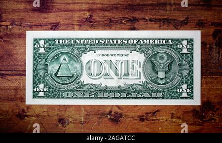 United States one-dollar bill features the Great Seal of the United States Stock Photo