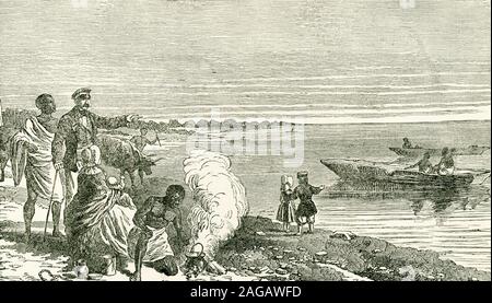 This illustration is from Livingstone’s Missionary Travels. It shows Livingstone, with his wife and family, at the discovery of Lake Ngami.  David Livingstone was a Scottish physician, Congregationalist, and pioneer Christian missionary with the London Missionary Society, an explorer in Africa, and one of the most popular British heroes of the late 19th-century Victorian era. Livingstone dies in 1873. He was at Lake Ngami in 1849. Stock Photo