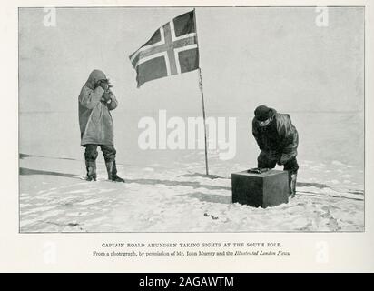 This photo shows Captain Roald Amundsen Taking Sights at the South Pole. The caption continues from a photograph, by permission of Mr. John Murray and the Illustrated London News.  Amundsen was a Norwegian explorer of polar regions and a key figure of the Heroic Age of Antarctic Exploration. He led the first expedition to traverse the Northwest Passage by sea, from 1903 to 1906, and the first expedition to the South Pole in 1911. Stock Photo