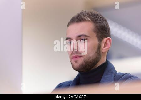 Programming. Man Working On Computer In IT Office, Sitting At Desk Writing Codes. Programmer Typing Data Code, Working On Project In Software Developm Stock Photo