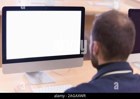 Programming. Man Working On Computer In IT Office, Sitting At Desk Writing Codes. Programmer Typing Data Code, Working On Project In Software Developm Stock Photo