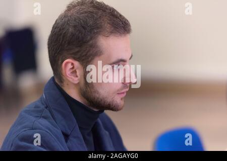Programming. Man Working On Computer In IT Office, Sitting At Desk Writing Codes. Programmer Typing Data Code, Working On Project In Software Developm Stock Photo