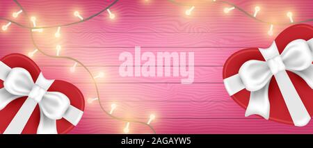 Valentine's day banner from top view. Heart shape box and glowing light on wooden table. 3d illustration of love. Stock Vector
